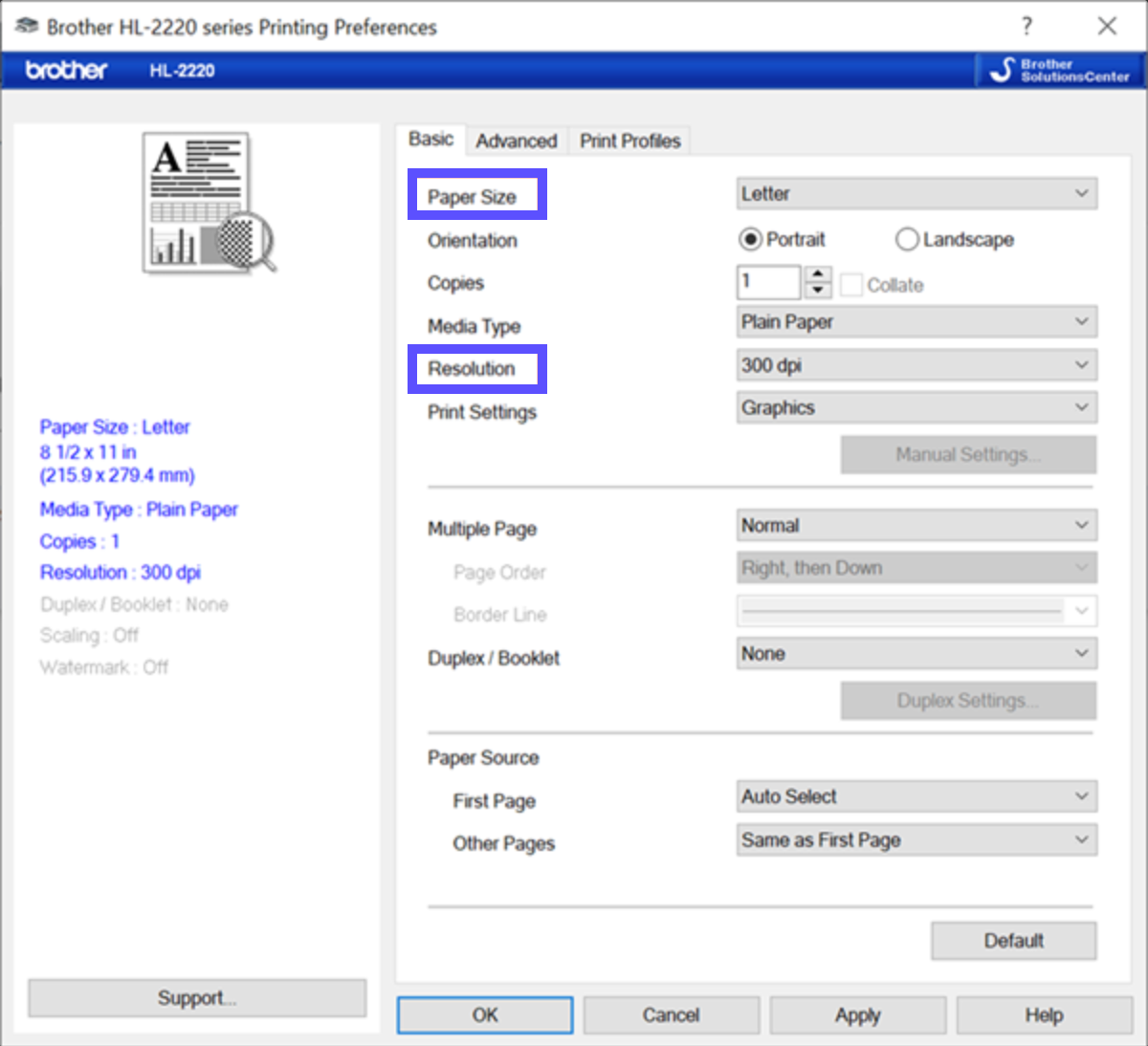 La configuración de Preferencias de impresión de Windows se abre en la pestaña Básico, con Tamaño de página configurado en Carta y Resolución configurada en 300 DPI.