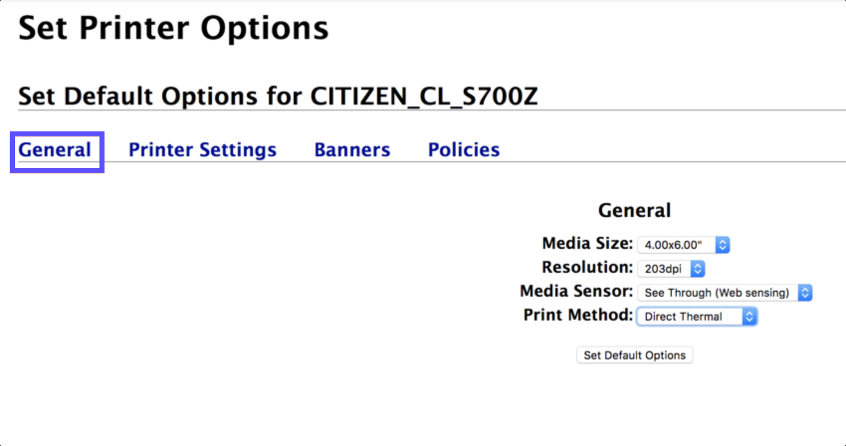 La pestaña General en la pantalla Establecer opciones de impresión de CUPS muestra la configuración predeterminada de la impresora CL S700Z de Citizen.