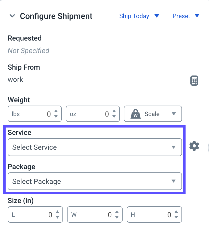 Red box highlights Service and Package dropdowns in the Configure Shipment widget