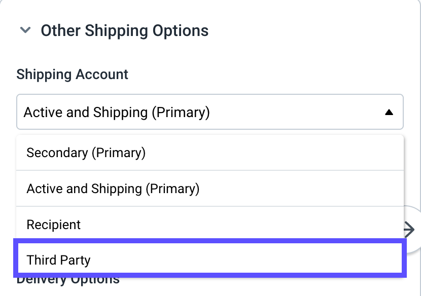 Configure shipment widget: other Shipping options. Shipping Account dropdown, box highlights 3rd party