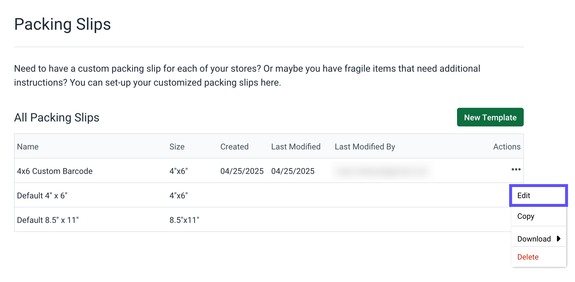 Packing Slip editor. Arrow points to Edit action.