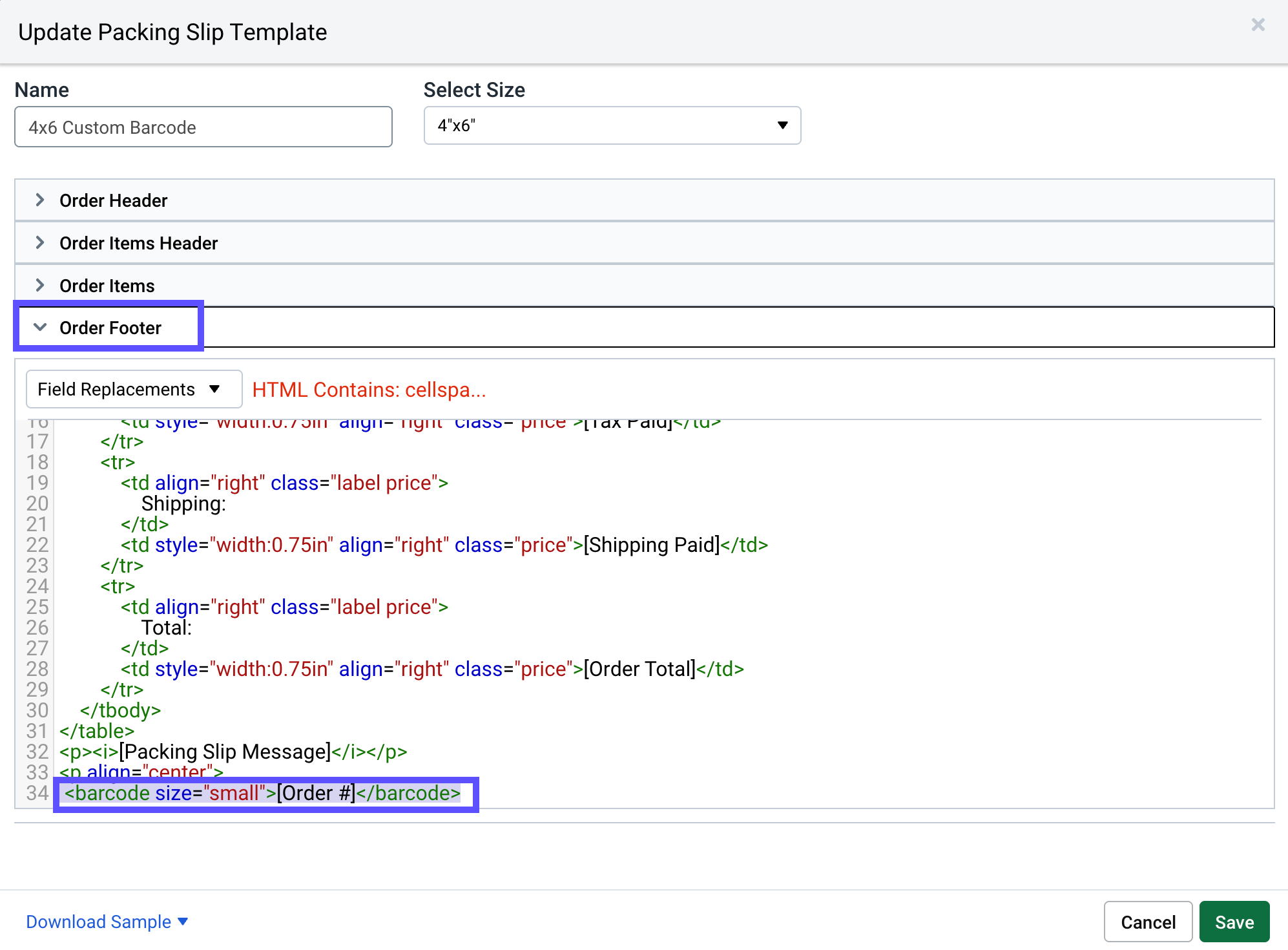 Lieferscheinvorlage bearbeiten. Das rote Kästchen markiert die Registerkarte „Auftragsfußzeile“. Der Pfeil zeigt auf das Barcode-Größen-Snippet in HTML, das gelb hervorgehoben ist.