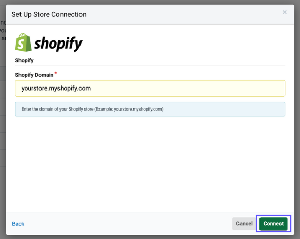 El modal de configuración de Shopify está abierto con el campo del dominio resaltado y una flecha apuntando al botón de conexión.