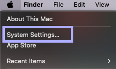 Mac-Hauptmenü (Apfelsymbol) geöffnet und die Option Systemeinstellungen ausgewählt.