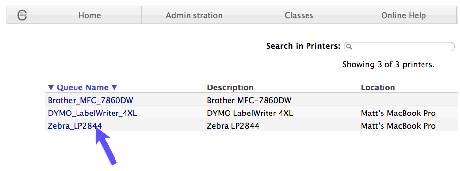 Lista de CUPS de impresoras disponibles para conectar. La flecha roja apunta a Zebra LP2844.