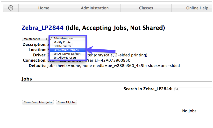 CUPS Administration dropdown menu with Set Default Options selected.