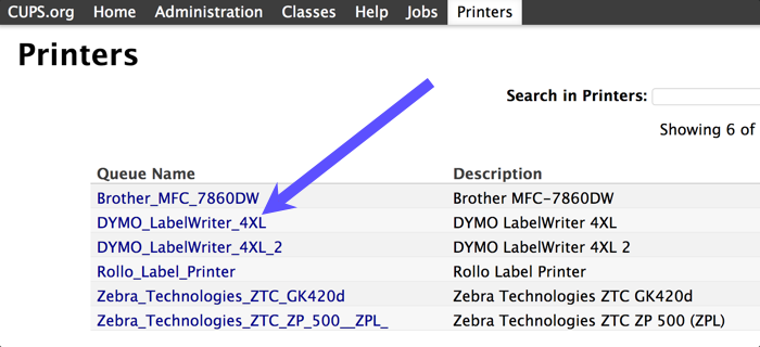 CUPS Printers menu shows available printers to connect. Red arrow points to DYMO LabelWriter 4XL.
