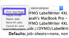 CUPS Maintenance dropdown menu open with Print Test Page option selected.