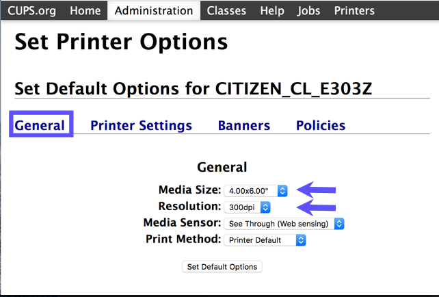 CUPS Administration menu with General tab highlighted and arrows pointing to Media Size and Resolution settings.