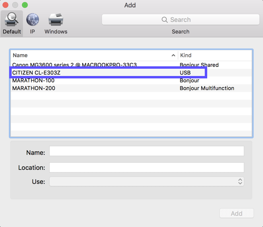 MAC Add Printer menu with Citizen CL-E303Z printer selected.