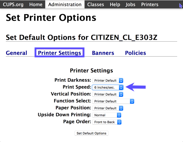 CUPS Administration menu with Printer Settings tab highlighted and arrow pointed to Print Speed.