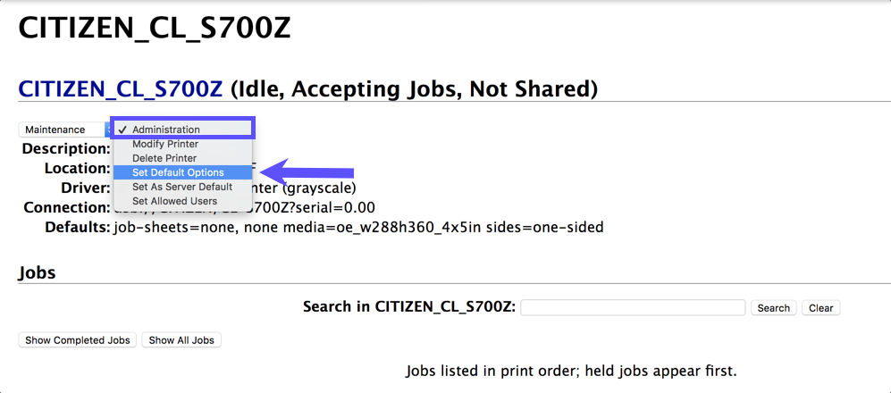 CUPS Printers screen with Administration drop-down menu highlighted and arrow pointed to Set Default Options.