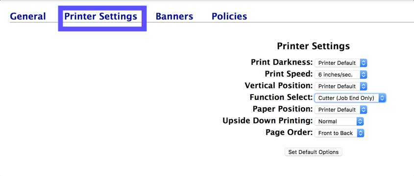 Printer Settings tab highlighted by red box in CUPS navigation menu.