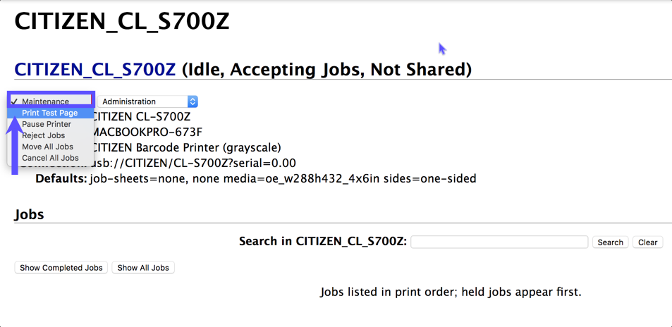 CUPS Printer menu with Print Test Page highlighted in dropdown menu.