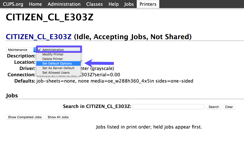 CUPS Printers screen Administration drop-down menu with red arrow pointed to Set Default Options.
