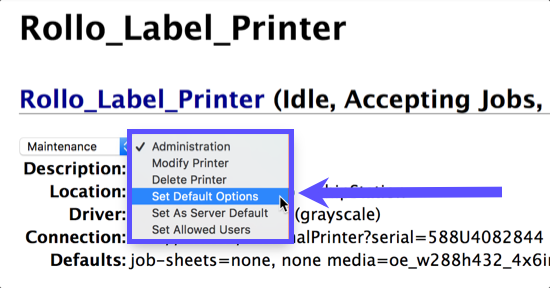 CUPS Administration dropdown menu with Set Default Options selected.