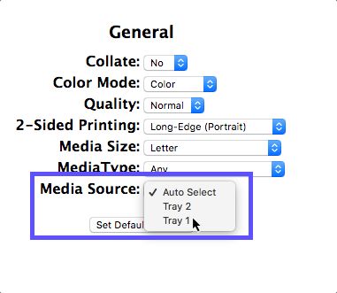CUPS General Settings screen with Media Source menu open and arrow hovering over Tray 1 option.