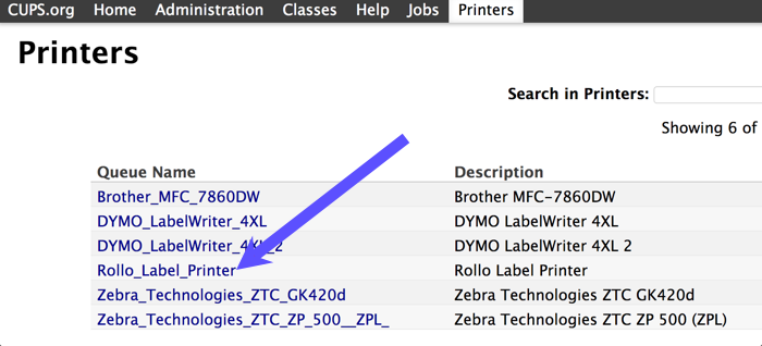 CUPS Printers menu shows available printers to connect. Red arrow points to Rollo Label Printer.
