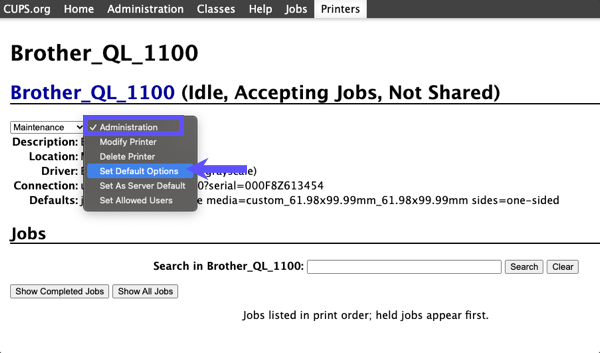 Brother printer admin dropdown menu with set default options selected