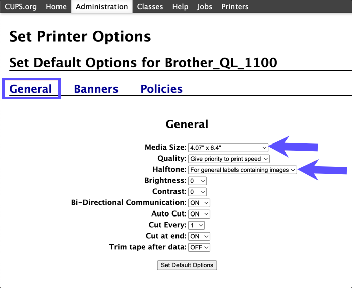 Brother printer administration menu with General tab and fields highlighted
