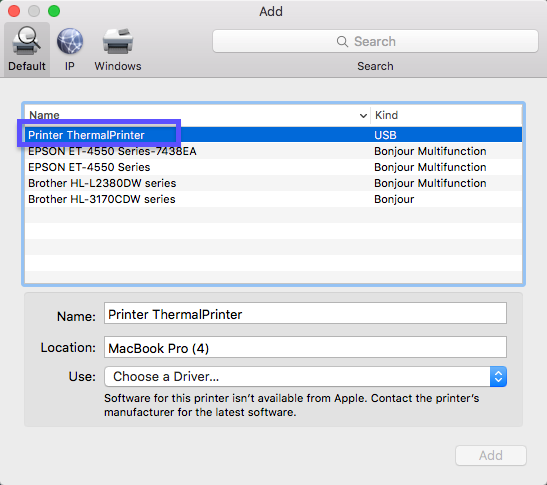 MAC Add Printer menu with Rollo Thermal Printer selected.