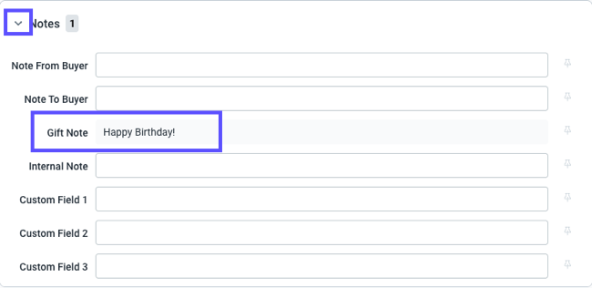 The gift note field is highlighted in the notes section of the order details screen.