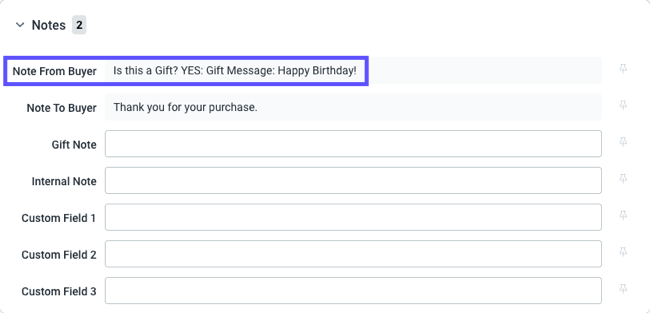 Order sidebar. Red box highlights the Note from Buyer field and text entry.