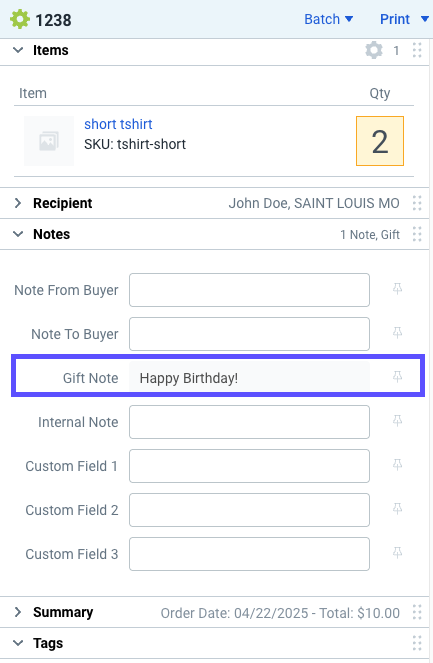 Order sidebar. Red box highlights the gift note field with "Happy birthday!" as text entry.