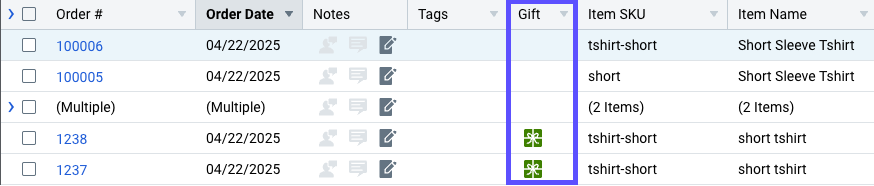 Orders grid. Box highlights Gift column and gift icon.