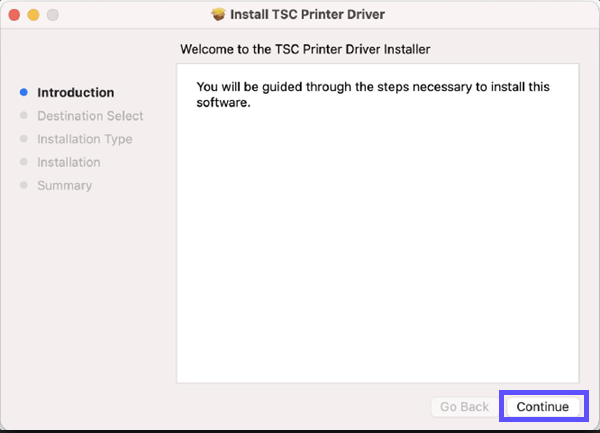 Asistente para la instalación del controlador de impresora TSC en Mac. Botón Continuar resaltado.