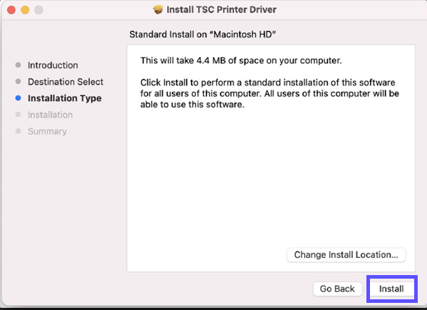 Asistente para la instalación del controlador de impresora TSC en Mac. Botón de instalación resaltado.