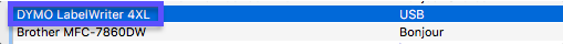 MAC-Menü „Drucker hinzufügen“ mit ausgewähltem DYMO LabelWriter 4XL Drucker.