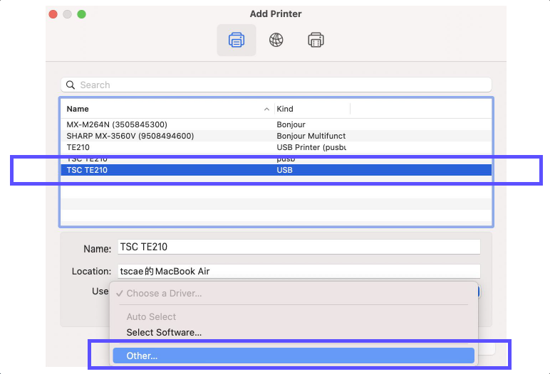 Auf dem Bildschirm „Drucker hinzufügen“ wurde das Druckermodell ausgewählt. Im Dropdown-Menü wird die ausgewählte Option „Andere“ angezeigt.