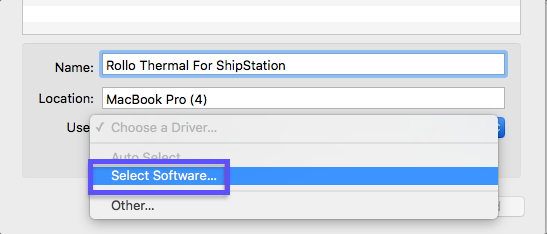 Mac Bildschirm „Drucker hinzufügen“ für Rollo-Drucker geöffnet. Das Menü „Verwenden“ ist geöffnet und die Option „Software auswählen“ ist markiert.