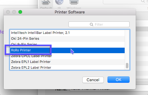 Mac-Systemeinstellung Druckersoftware-Menü mit ausgewähltem Rollo-Drucker.