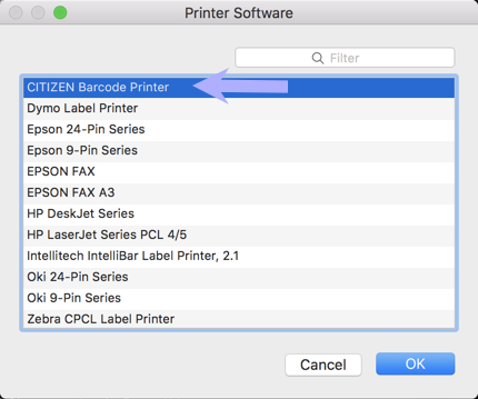 Mac Systemeinstellungsmenü Drucker-Software geöffnet mit ausgewähltem Citizen-Drucker.