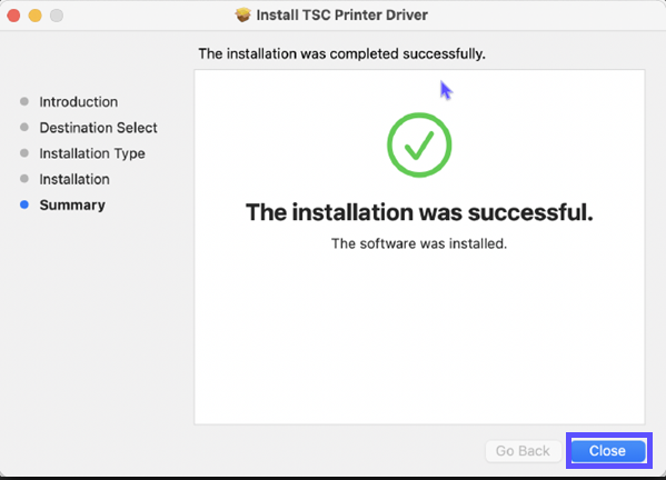 Die Meldung des TSC-Installationsassistenten auf dem Mac lautet: „Die Installation war erfolgreich. Die Software wurde installiert." Die Schaltfläche „Schließen“ ist hervorgehoben.