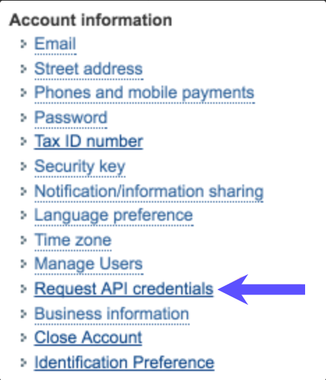 PayPal Account Information with arrow pointing to Request API credentials list item.