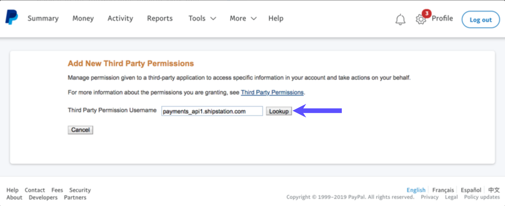 PayPal Add New Third Party Permissions with arrow pointing to Lookup button.