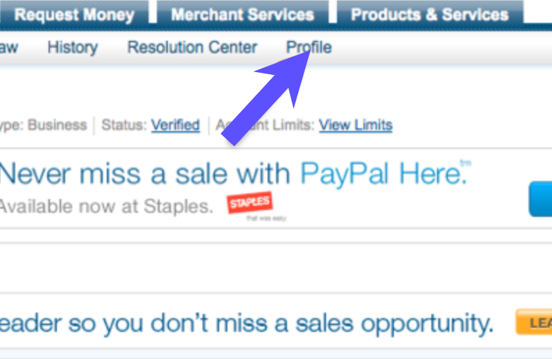 PayPal my account with arrow pointing to Profile link.