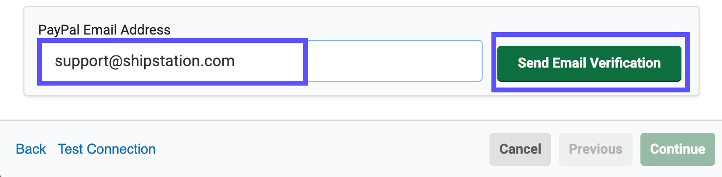 PayPal connection with email address field and Send Email Verification button highlighted.