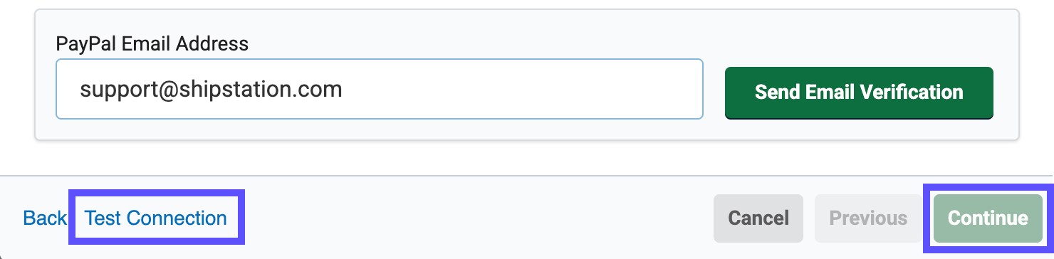 PayPal connection with Test Connection and Next button highlighted.