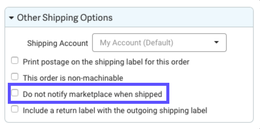 Other Shipping Options dropdown menu. Red box highlights option: Do not notify marketplace when shipped.