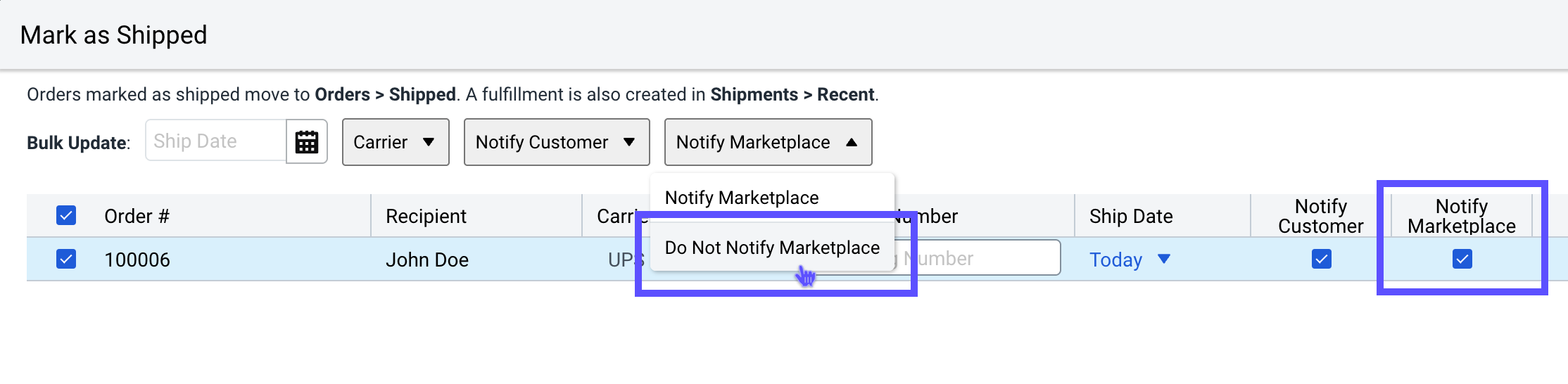 Mark as shipped pop-up. Red box highlights checkbox for Notify Marketplace.