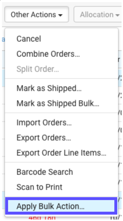Orders page, Other Actions dropdown. Red box highlights Apply Bulk Action menu option.