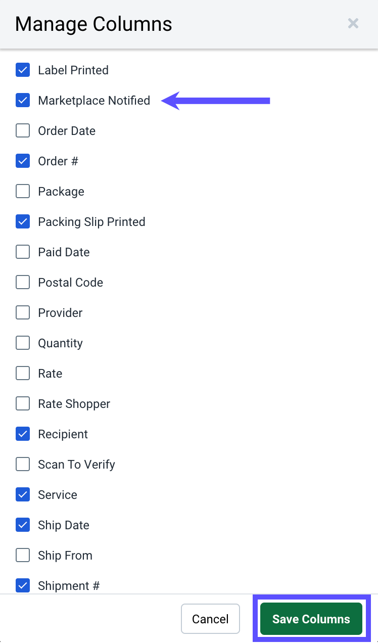 V3 manage columns menu arrow pointed Marketplace Notified and Save Columns highlighted.