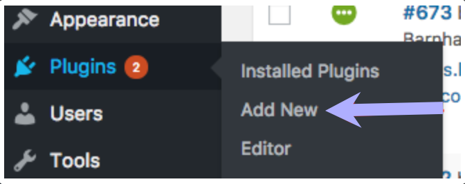 WooCommerce plugins menu with arrow pointing to Add New.