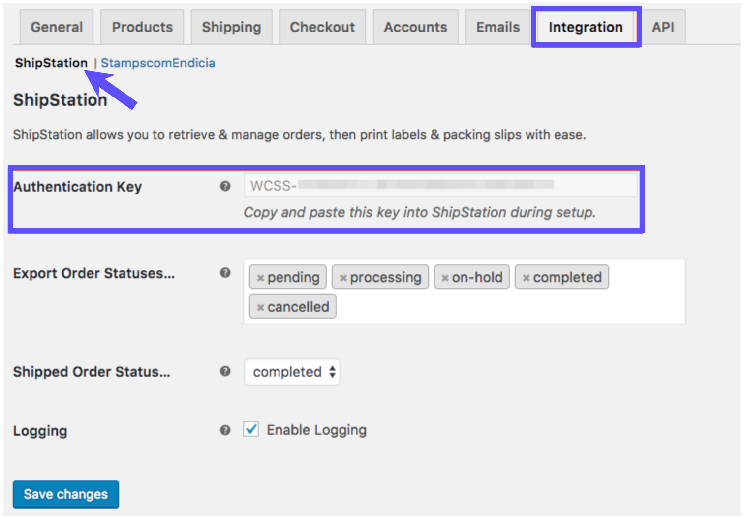 WooCommerce Integration tab with arrow pointing to ShipStation tab and Authentication Key section highlighted.