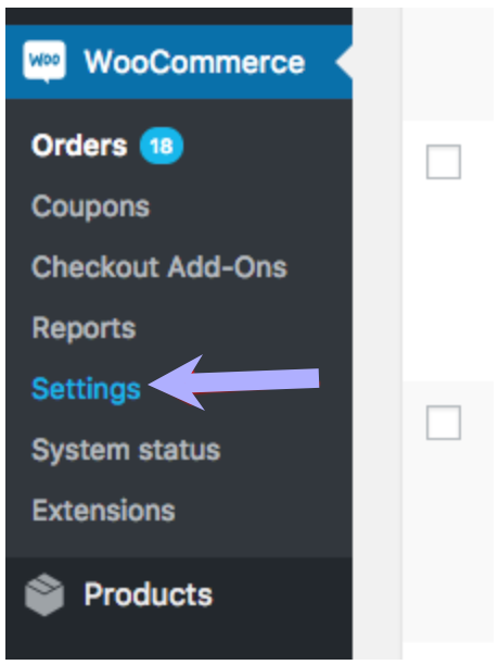 WooCommerce menu with arrow pointing to Settings.