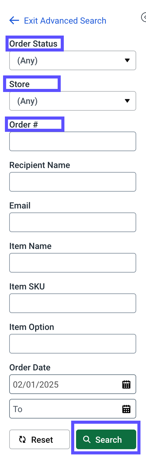 Order Status, Store, and Order Number fields highlighted in the Advanced Search sidebar.